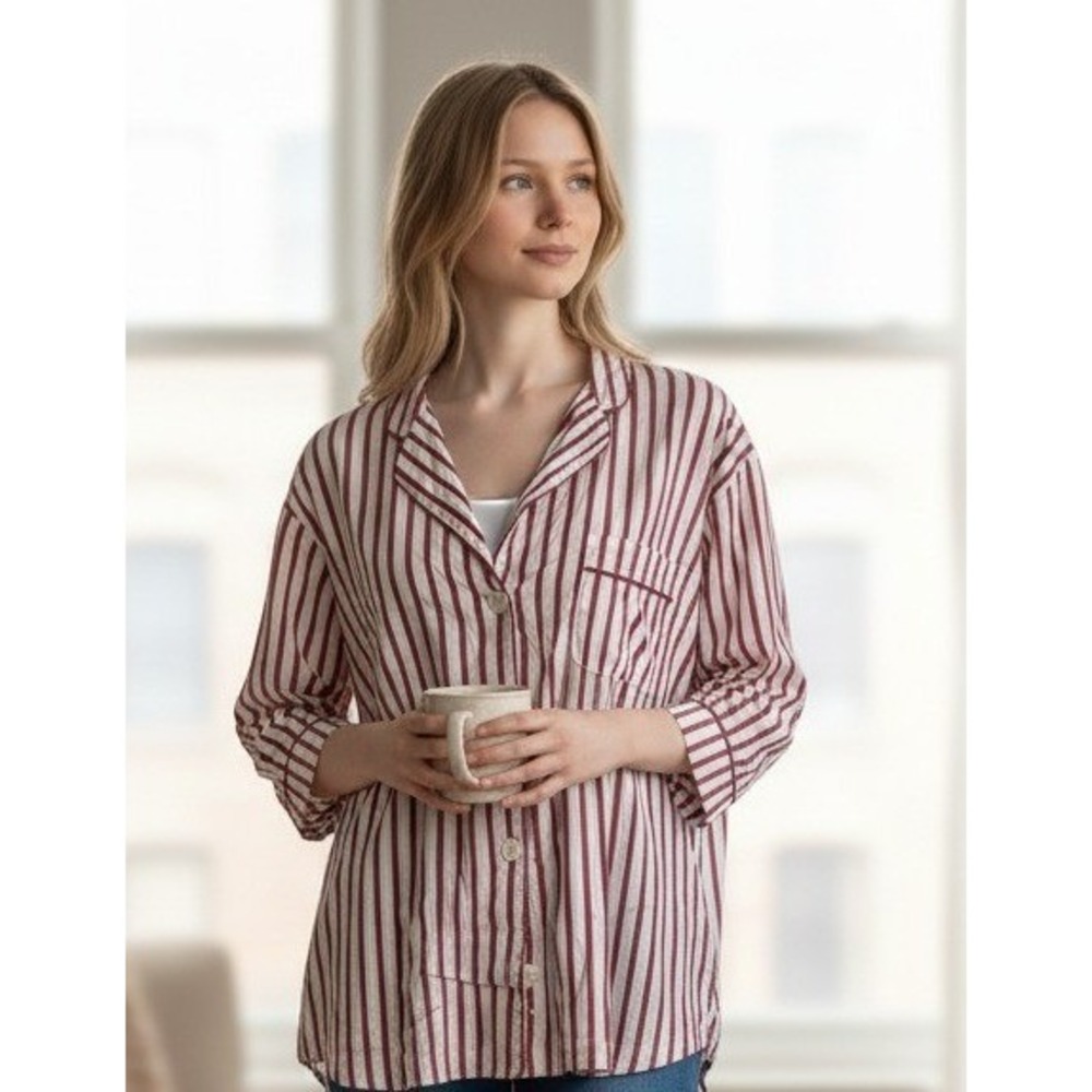 SLEEPY JONES Womens‎ Pajama Top Red White Stripe Button Front 100 Cotton Size M